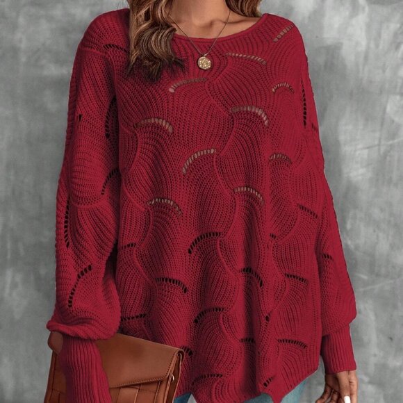 Burgundy Casual Women's Round Neck Drop Shoulder loose knit Sweater - Picture 1 of 7